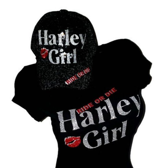 Harley Girl Ride or Die Fitted Spandex Black Tee with Shiny Lettering. - Picture 6 of 7